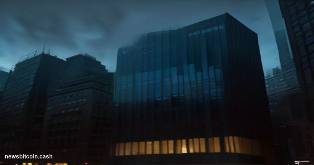 Cinematic photorealistic editorial photograph shot at ground level looking up at Revolut's London headquarters building exter