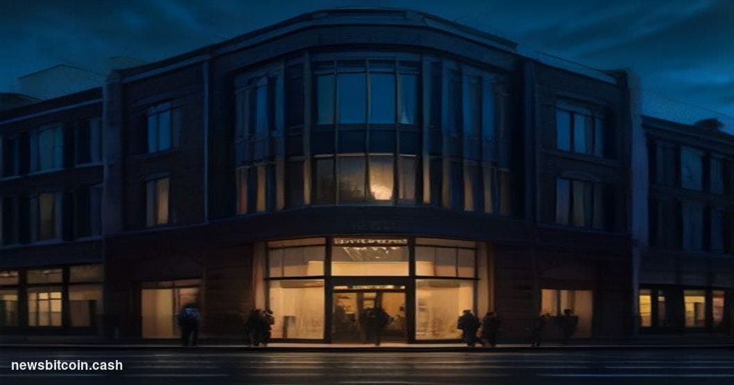 Cinematic photorealistic editorial photograph of Revolut's London headquarters exterior at dusk, the building's glass facade 