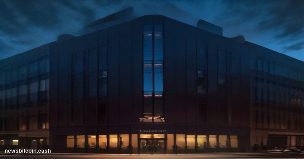 Cinematic photorealistic editorial photograph of Revolut's sleek London headquarters exterior at dusk, its glass facade refle