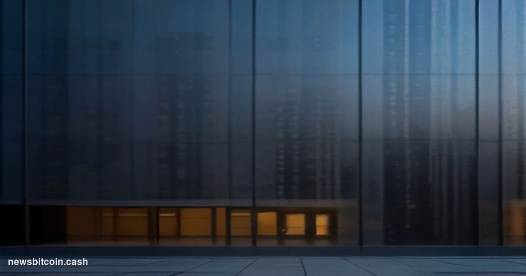 Cinematic photorealistic editorial photograph of Revolut's London headquarters exterior at dusk, the building's glass facade 
