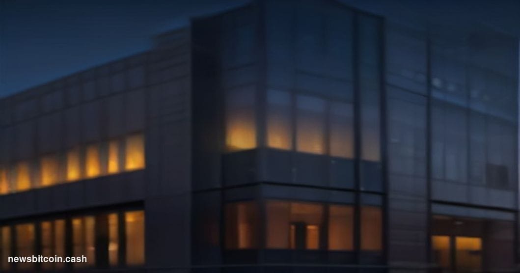Cinematic photorealistic editorial photograph of Revolut's London headquarters exterior at dusk, the glass facade illuminated
