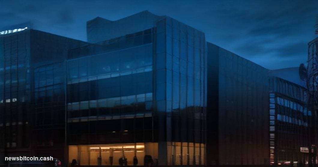 Cinematic photorealistic editorial photograph of Revolut's London headquarters building exterior at dusk, the glassy modern f