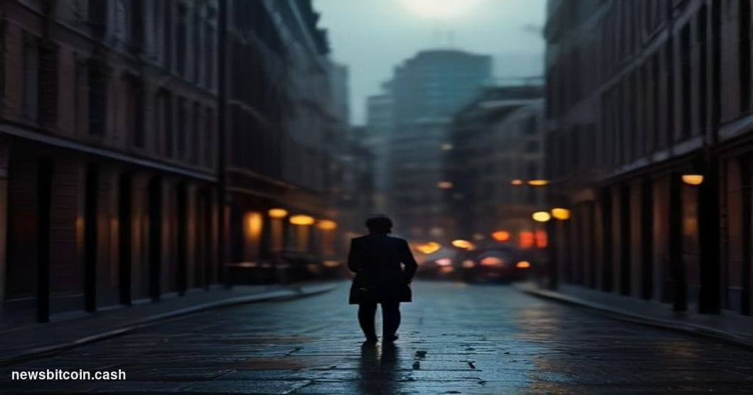 Cinematic photorealistic editorial photograph set in a sleek European financial district at dusk, with the warm amber glow of