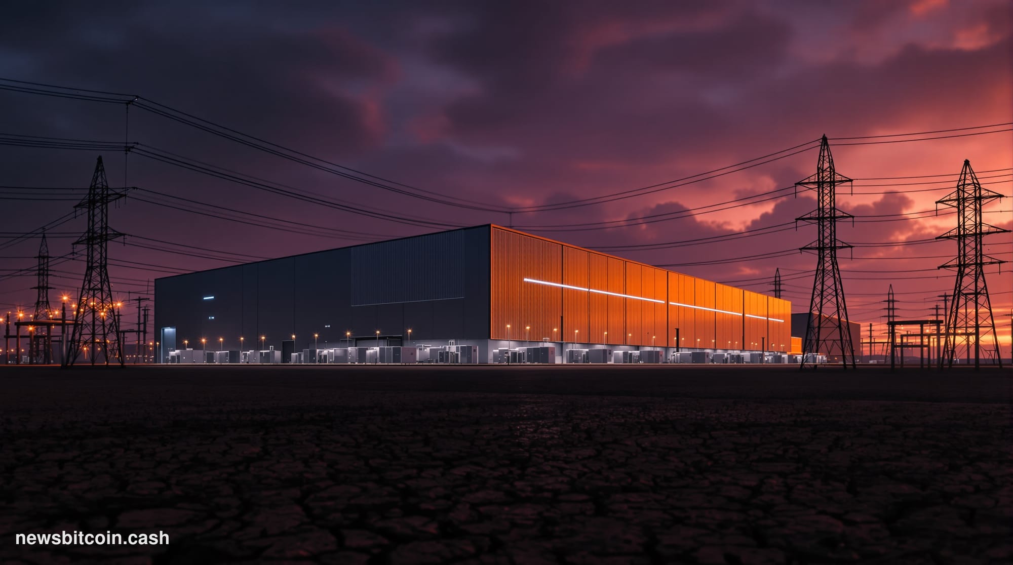 Cinematic photorealistic editorial photograph of a vast industrial data center campus in the flat Texas landscape at dusk, wi