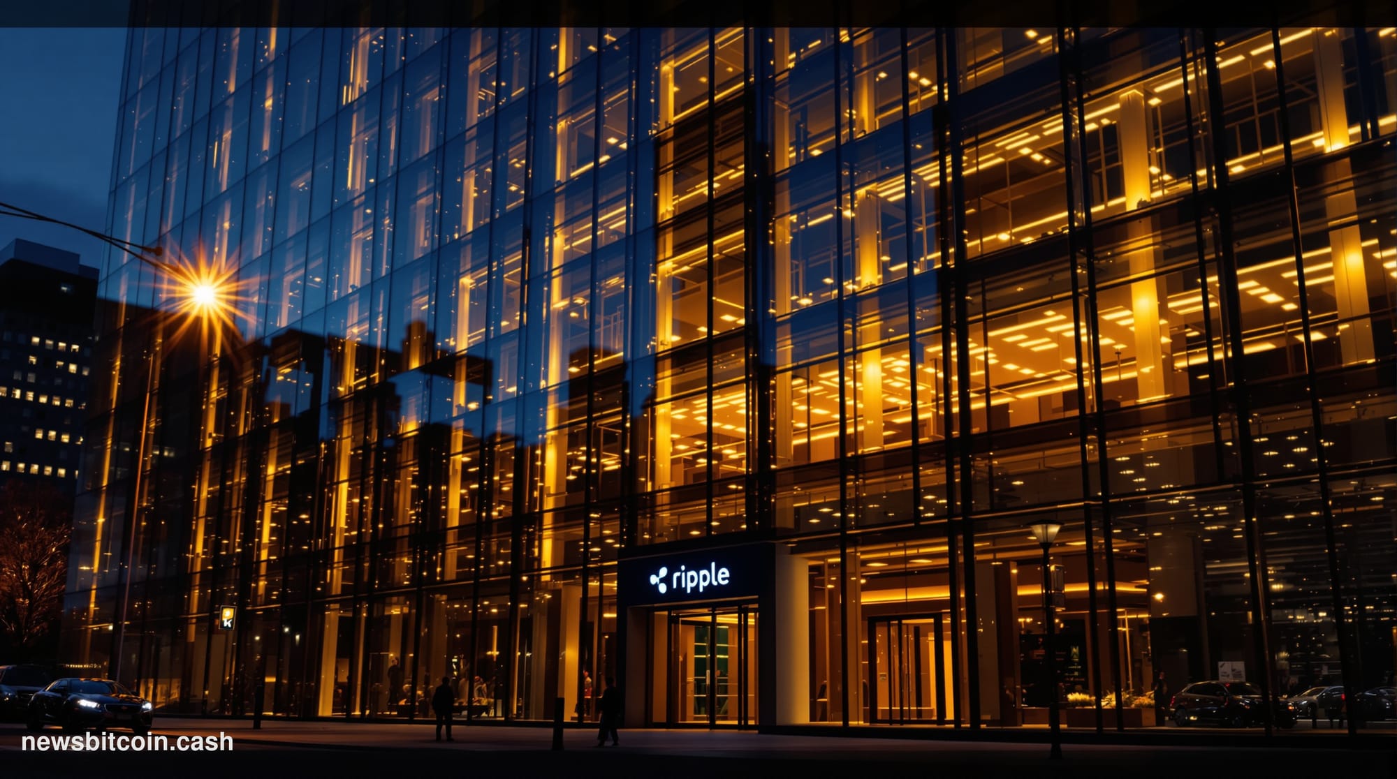 Cinematic photorealistic editorial photograph of Ripple's San Francisco headquarters exterior at dusk, dramatic warm amber li