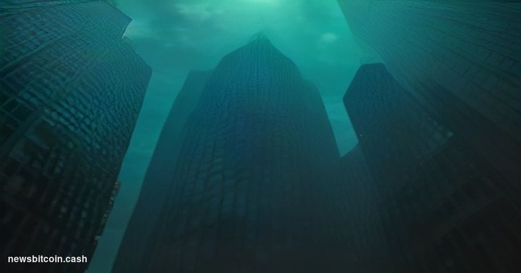 Cinematic photorealistic editorial photograph shot from a low angle looking up at the glass-and-steel facades of two towering