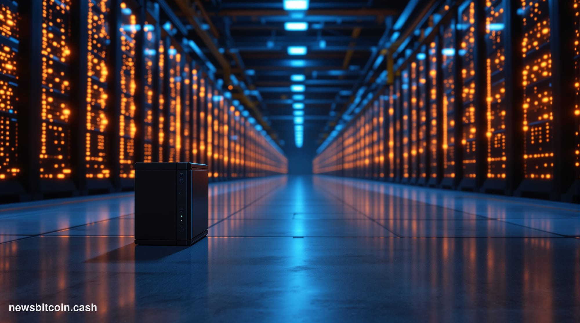 Cinematic photorealistic editorial photograph of a massive Bitcoin mining facility interior, dramatic low-angle shot looking 