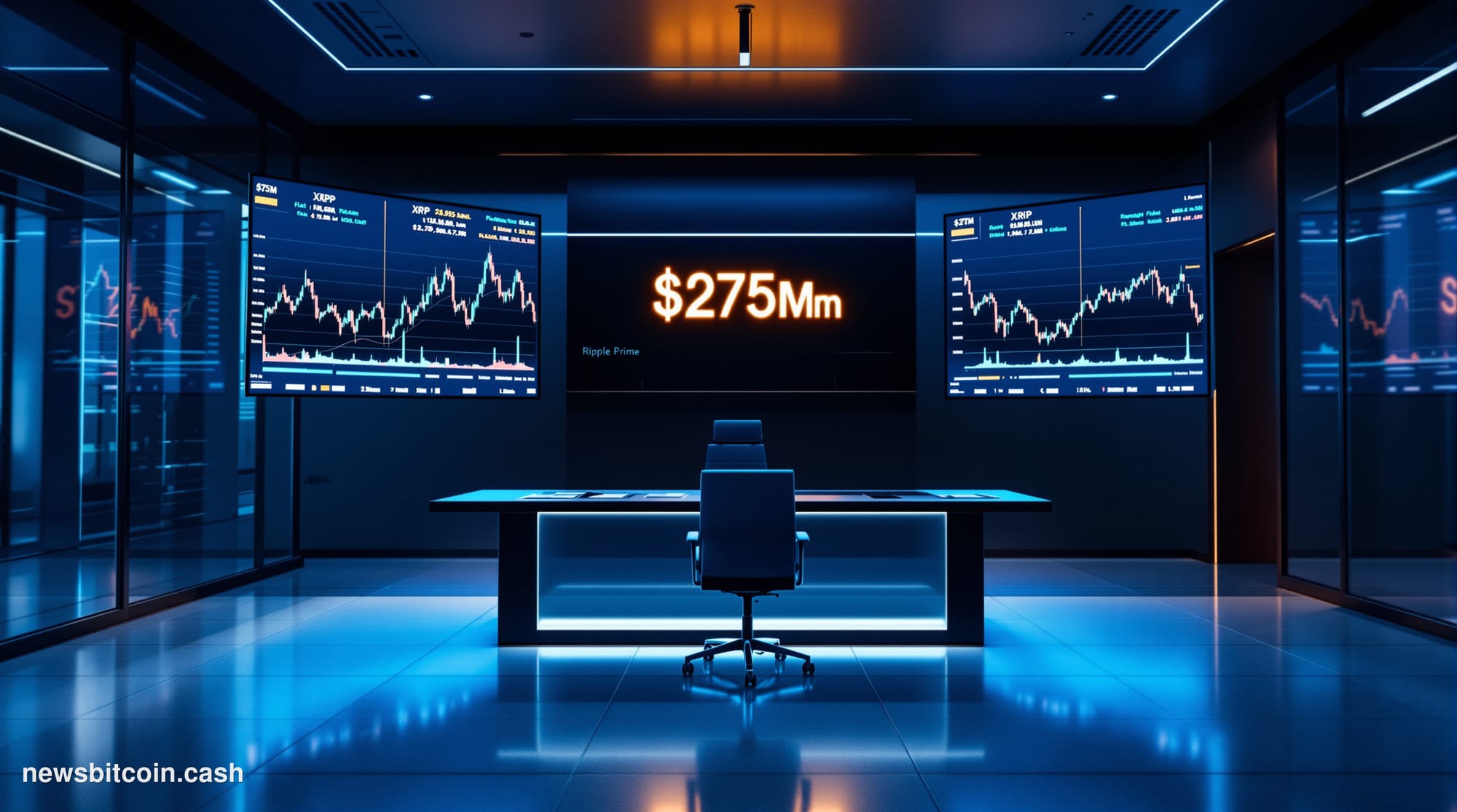 Cinematic photorealistic editorial photograph of a modern brokerage trading floor interior rendered in cool blue and silver t