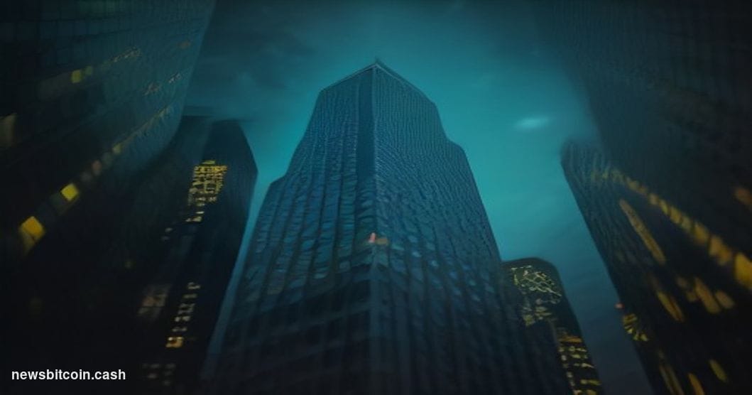 A cinematic photorealistic editorial photograph shot at low angle looking up at the granite and glass facades of two towering