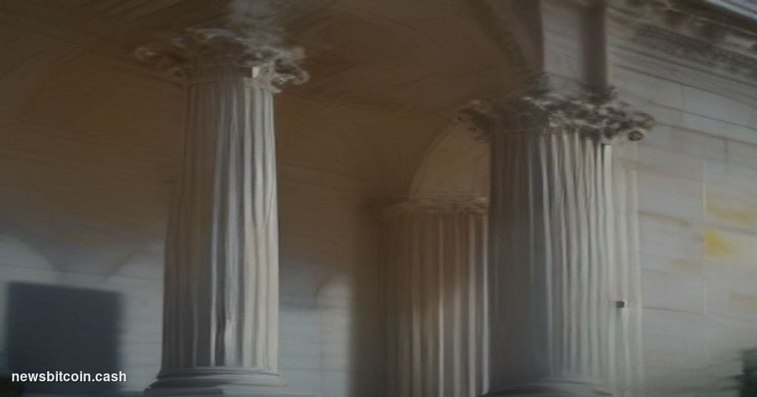 Cinematic photorealistic editorial photograph of the US Treasury building in Washington D.C., shot at dusk from a low-angle p