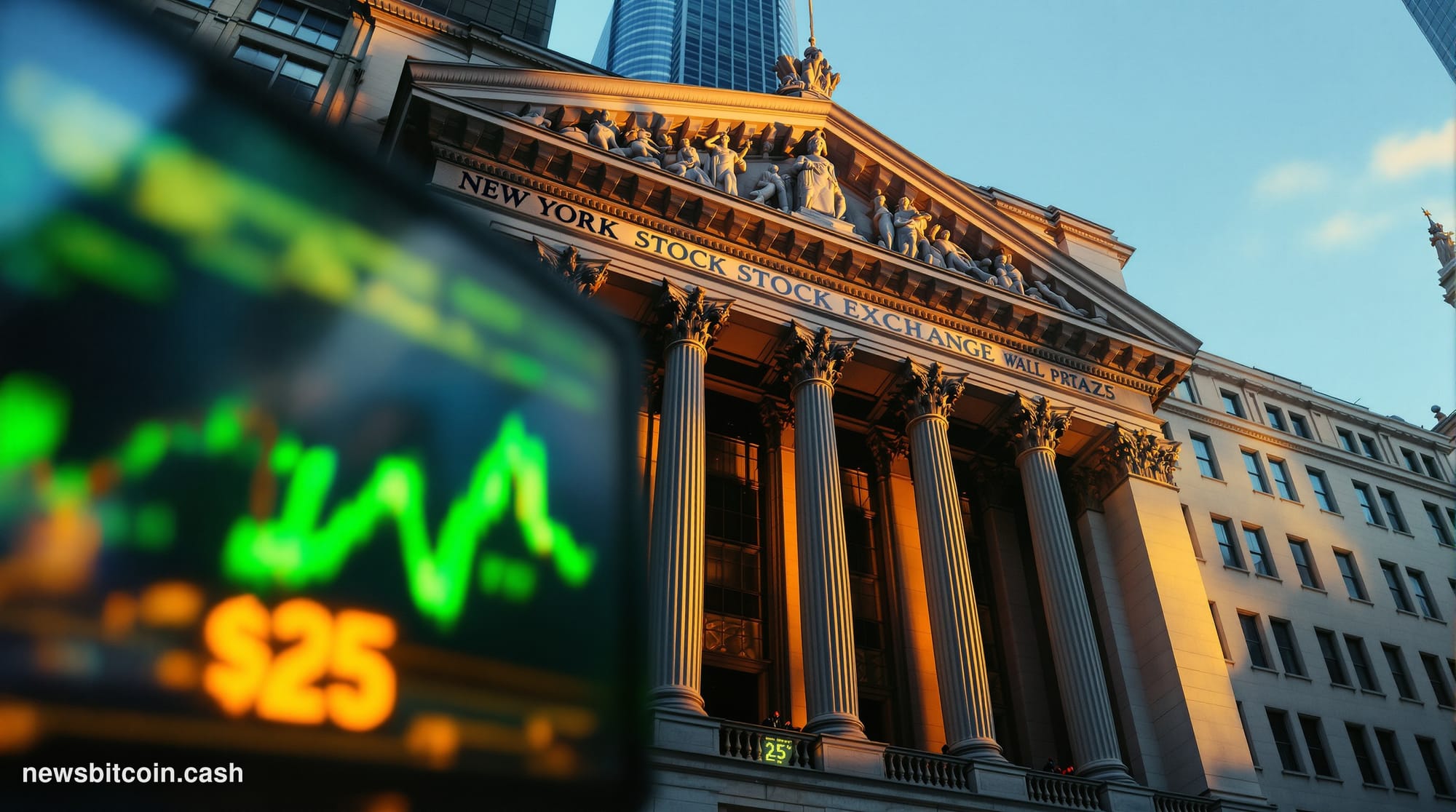 Cinematic photorealistic editorial photograph of the New York Stock Exchange building on Wall Street, shot at dawn from a low