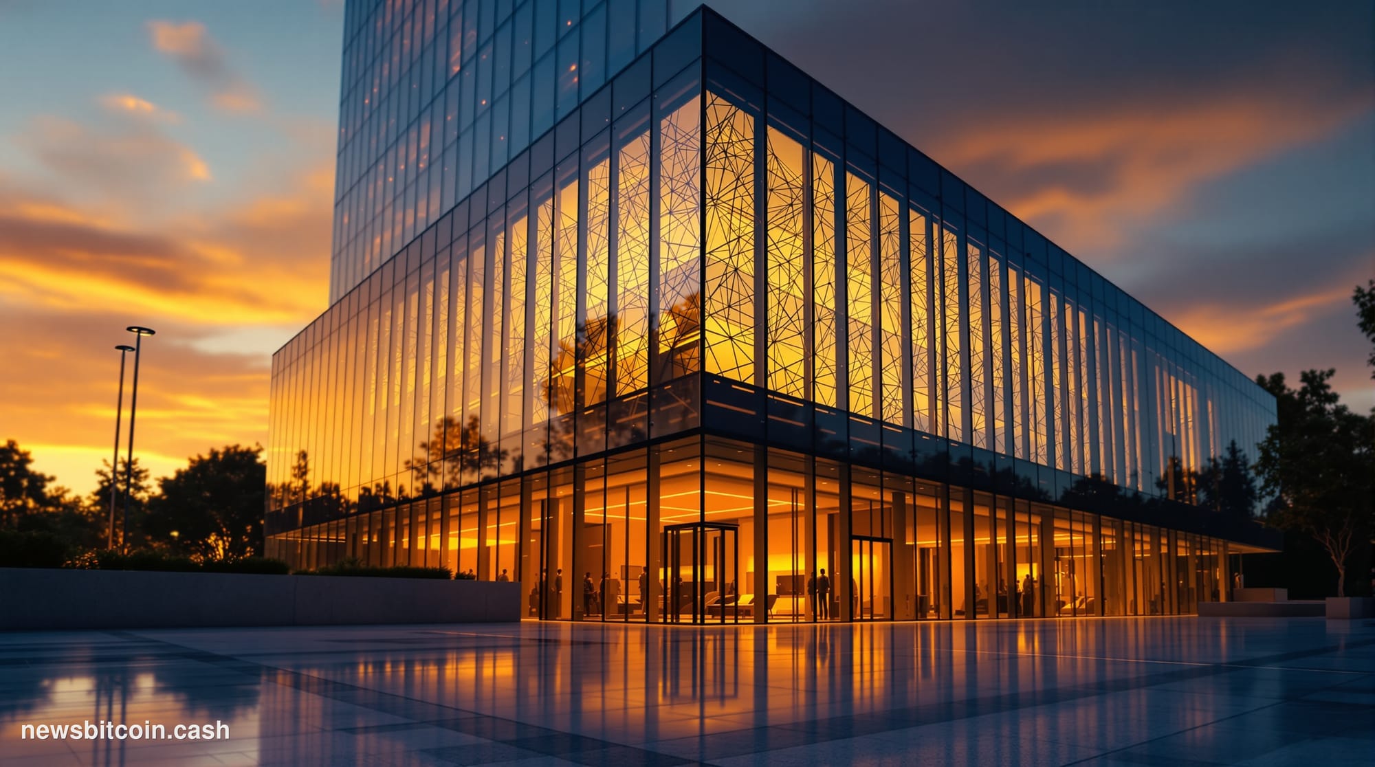 Cinematic photorealistic editorial photograph of the Robinhood Markets corporate headquarters exterior in Menlo Park, Califor