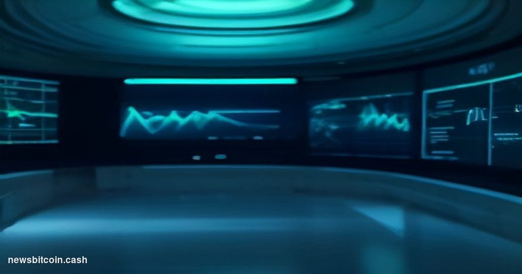 A cinematic photorealistic editorial photograph of a sleek, modern trading floor environment bathed in deep midnight blue and