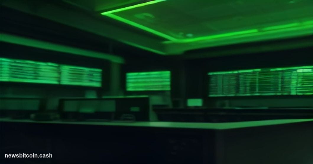 Cinematic photorealistic editorial photograph of a sleek trading floor environment bathed in dramatic neon-green and amber li