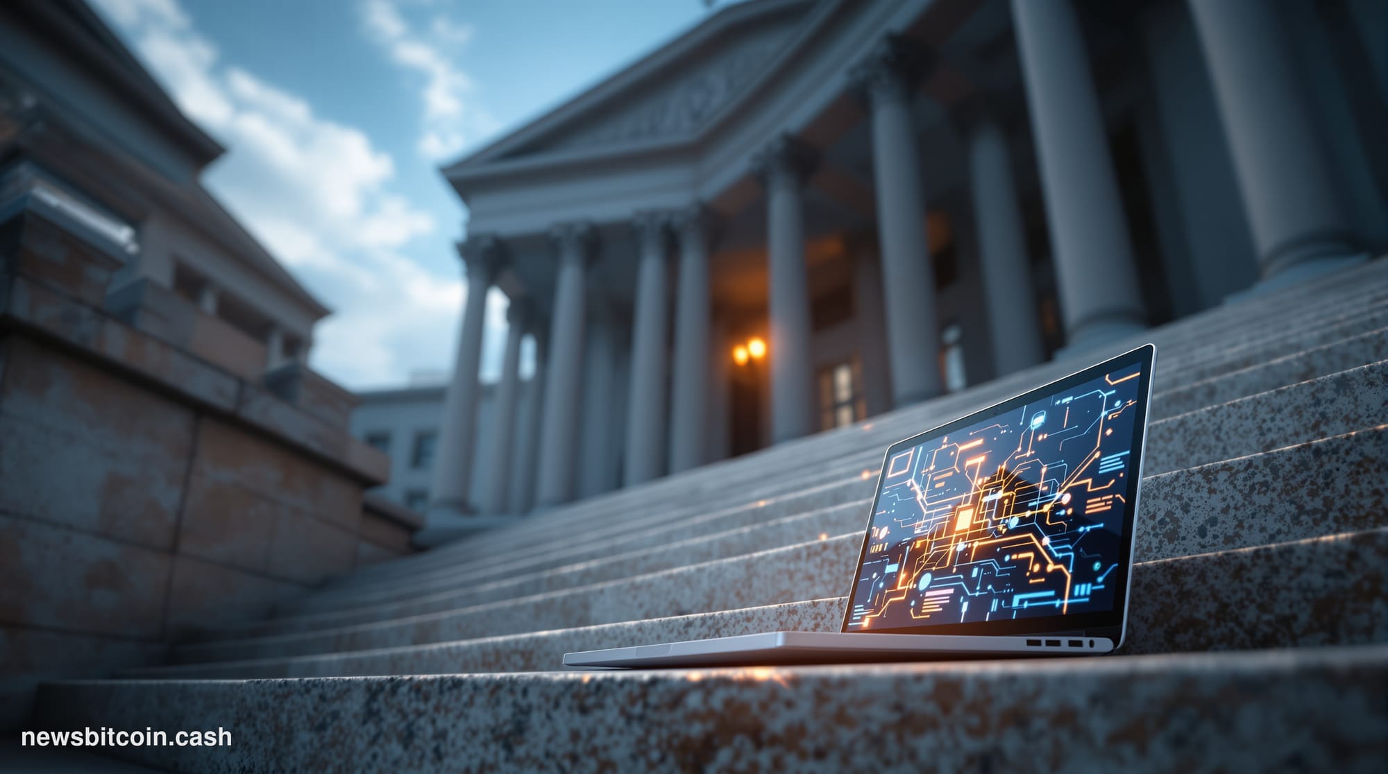 A cinematic photorealistic editorial photograph shot at low angle looking up at the imposing granite facade of the U.S. Depar