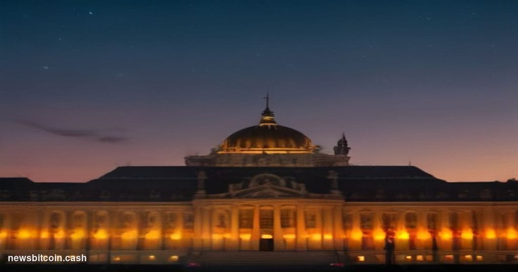 Cinematic photorealistic editorial photograph of the Romanian Parliament Palace (Casa Poporului) in Bucharest at dusk, one of