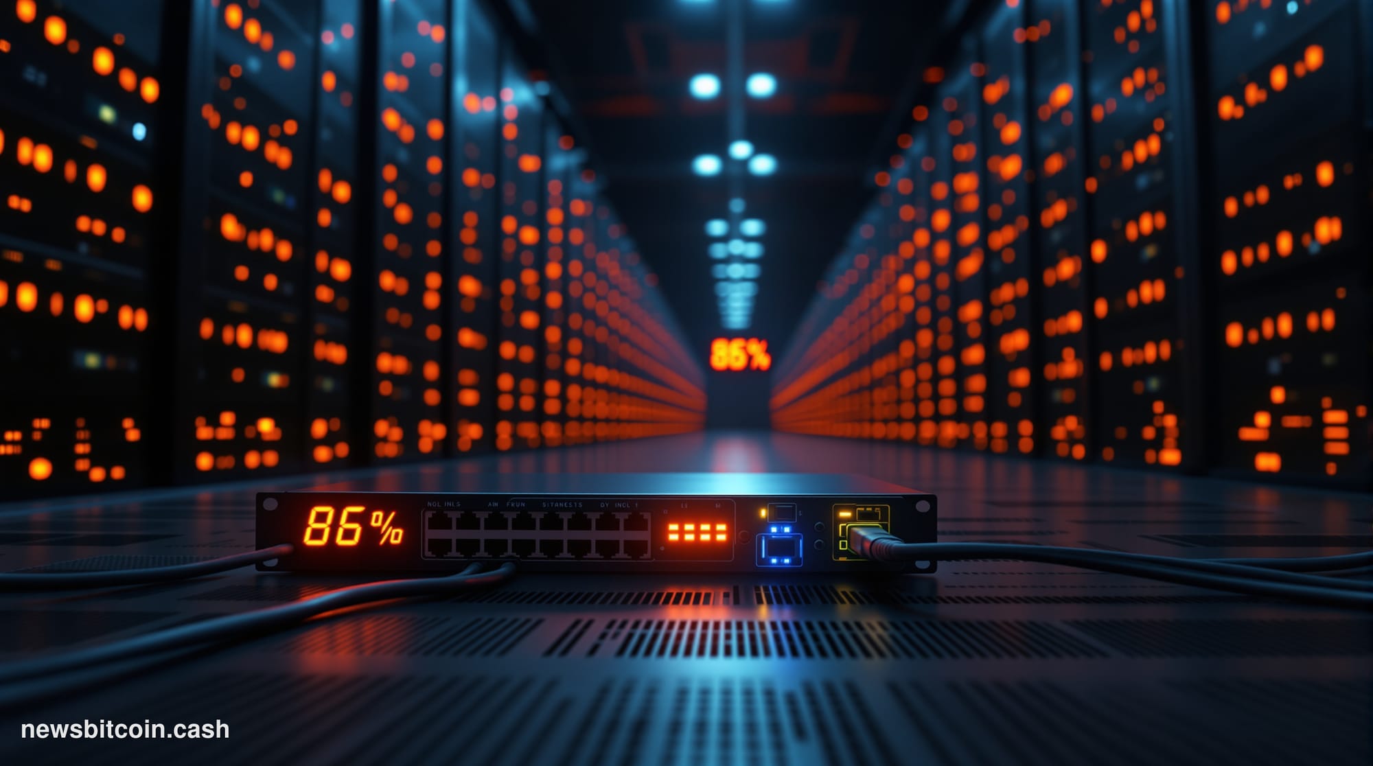 A cinematic photorealistic editorial photograph of a massive data center corridor at night, shot from a low angle looking dow