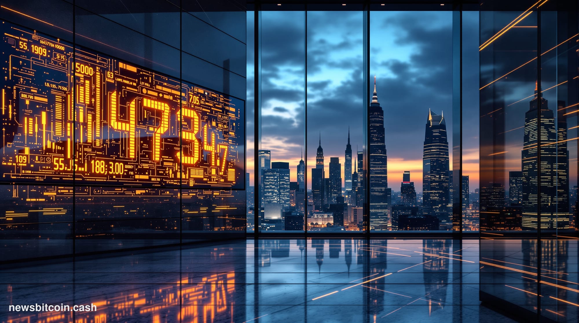 Cinematic photorealistic editorial photograph of the Moscow financial district skyline at dusk, with the iconic Moscow Intern