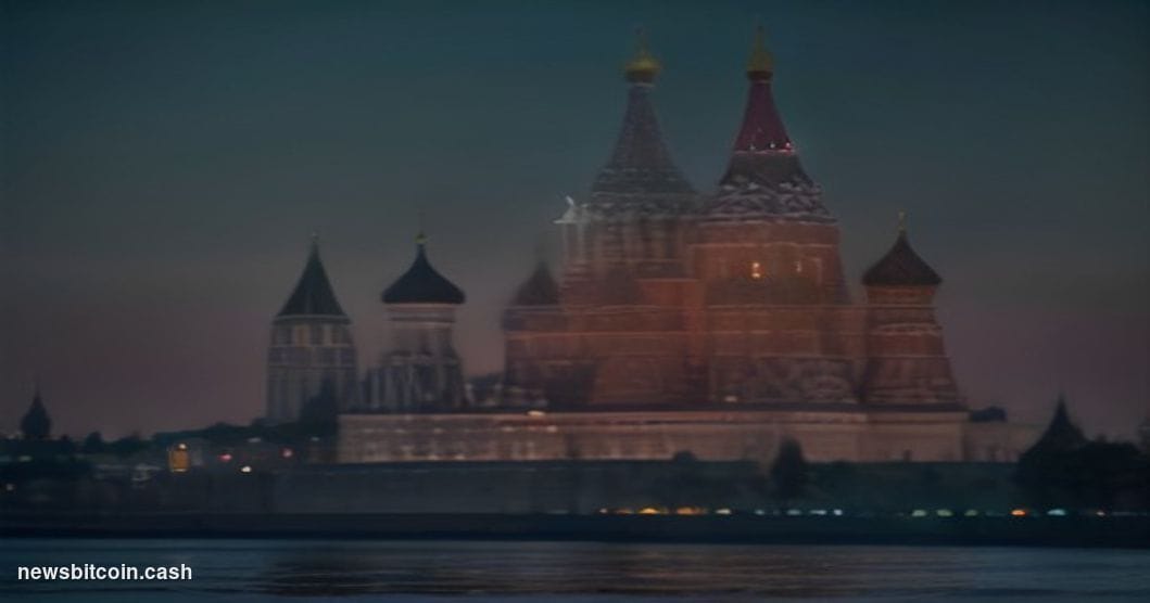 Cinematic photorealistic editorial photograph of the Moscow financial district at dusk, with the iconic Saint Basil's Cathedr