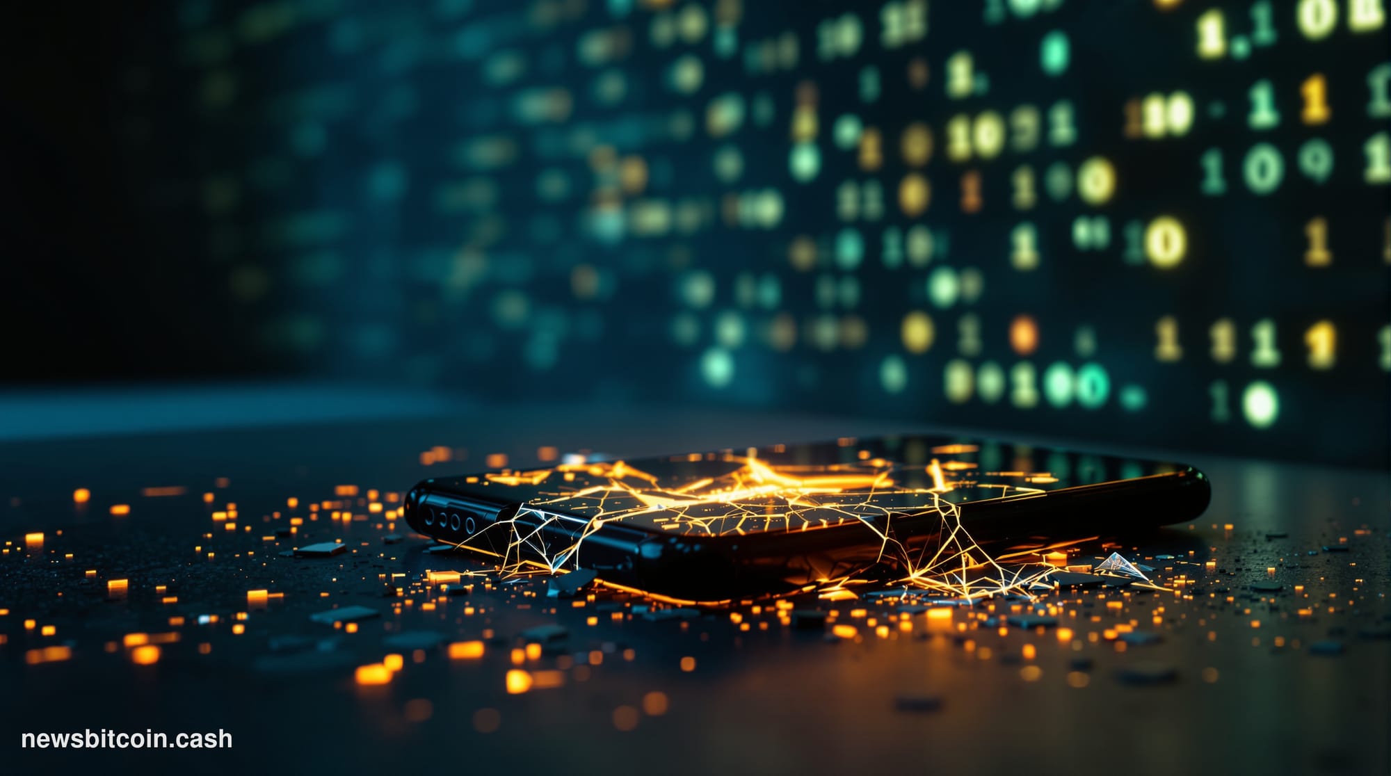 Cinematic photorealistic editorial photograph of a cracked and partially shattered hardware cryptocurrency wallet device rest