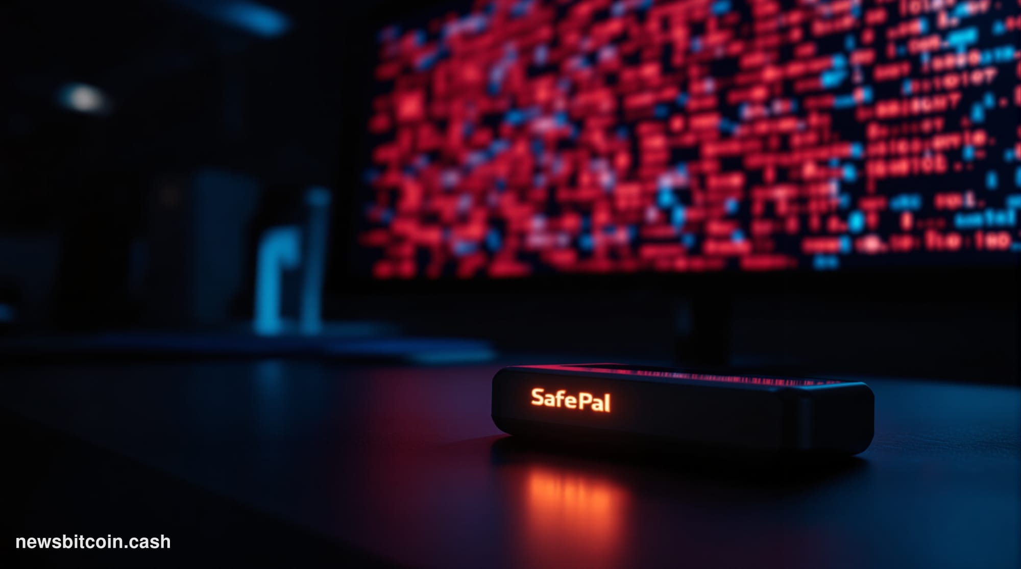 A cinematic photorealistic editorial photograph of a SafePal hardware wallet device resting on a dark matte desk, its small s