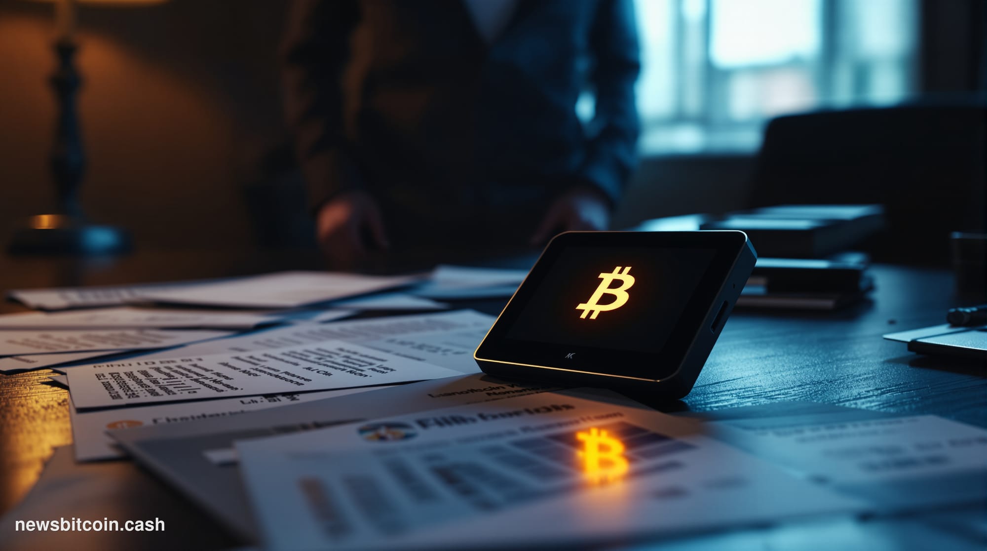 Cinematic photorealistic editorial photograph of a sleek black hardware cryptocurrency wallet device resting on a dark mahoga
