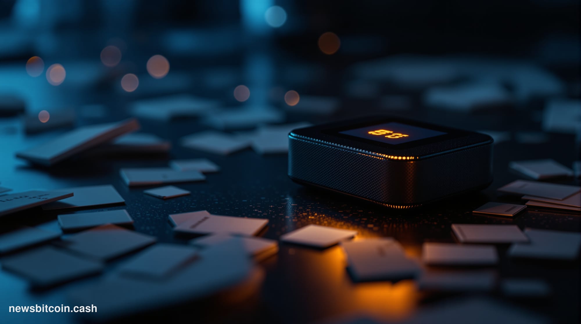Cinematic photorealistic editorial photograph of a physical hardware crypto wallet device resting on a dark metallic surface,