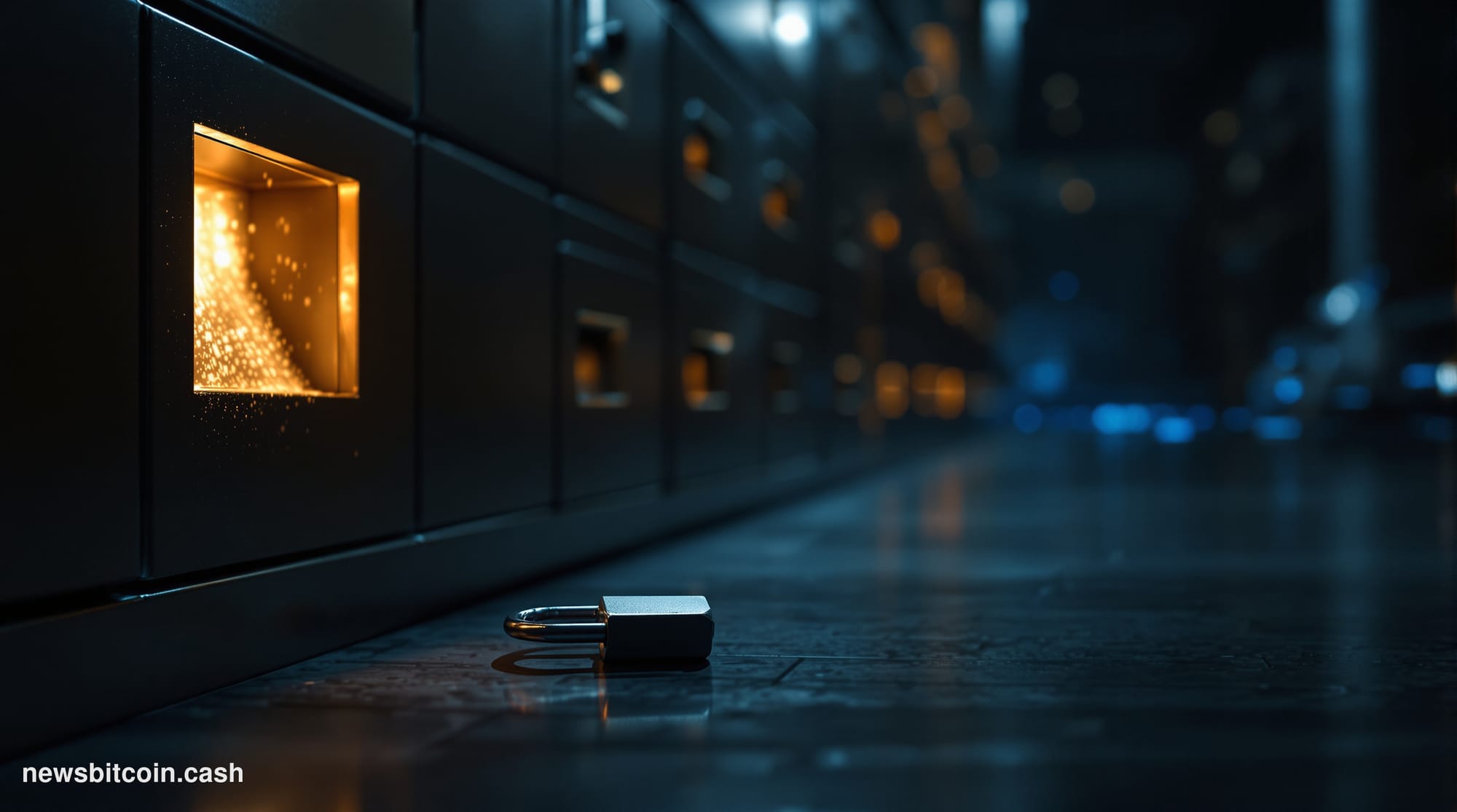 Cinematic photorealistic editorial photograph shot at ground level looking up at a dimly lit residential mailbox row in an ur