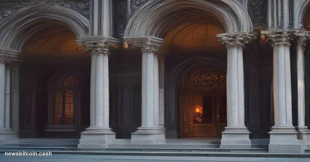 Cinematic photorealistic editorial photograph of the exterior of a grand British court building — stone columns, ornate Victo