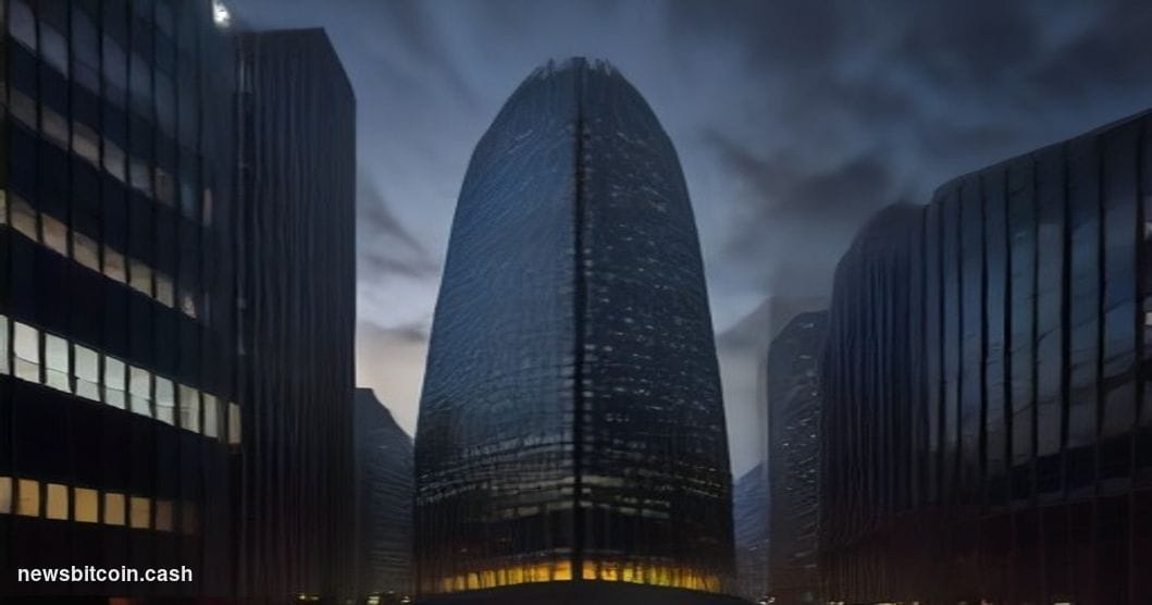 Cinematic photorealistic editorial photograph of a sleek corporate tower in San Francisco's Financial District at dusk, ident