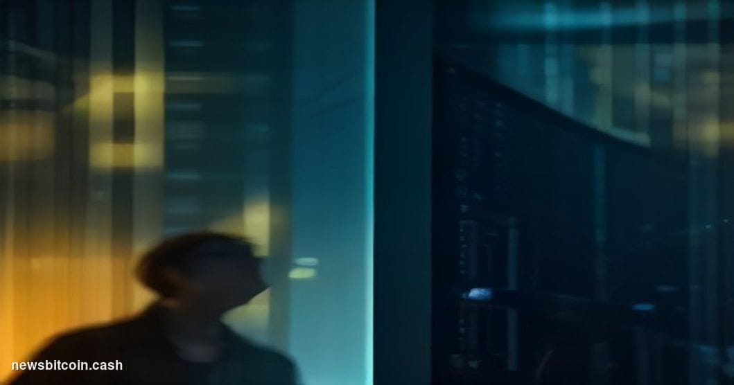Cinematic photorealistic editorial photograph shot from a low angle looking up at two towering illuminated trading screens si