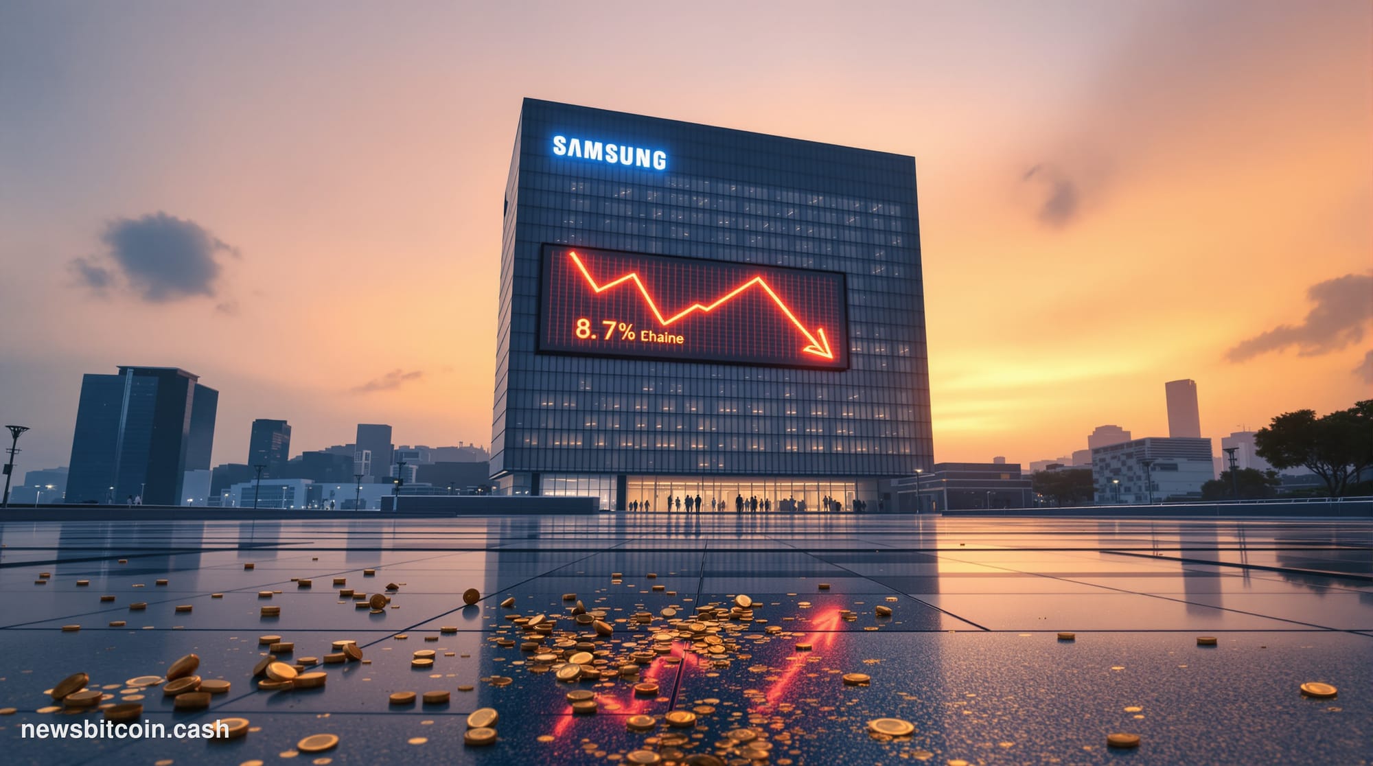 Cinematic photorealistic editorial photograph of Samsung's corporate headquarters in Suwon, South Korea, shot at dawn with dr