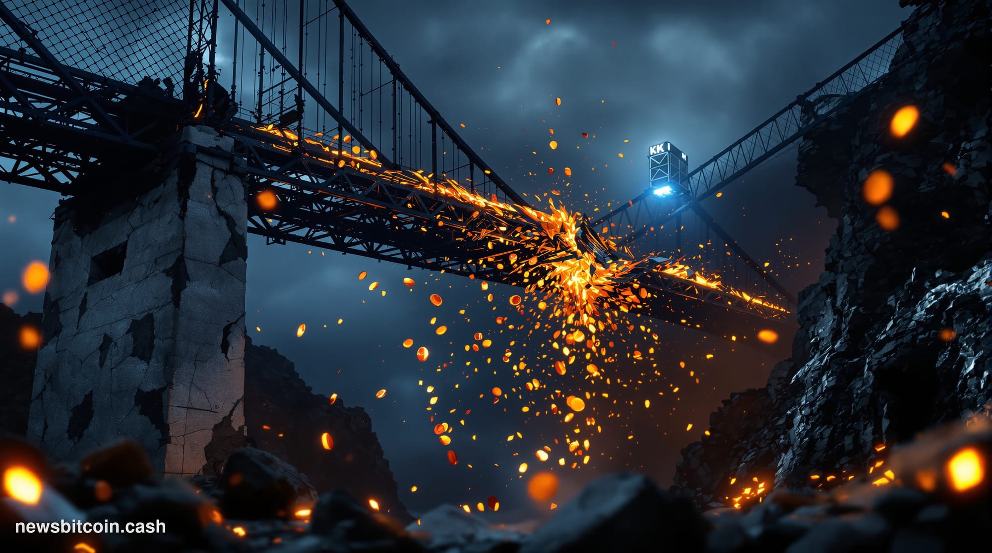 Cinematic photorealistic editorial photograph of a shattered digital bridge rendered as a physical steel suspension bridge co