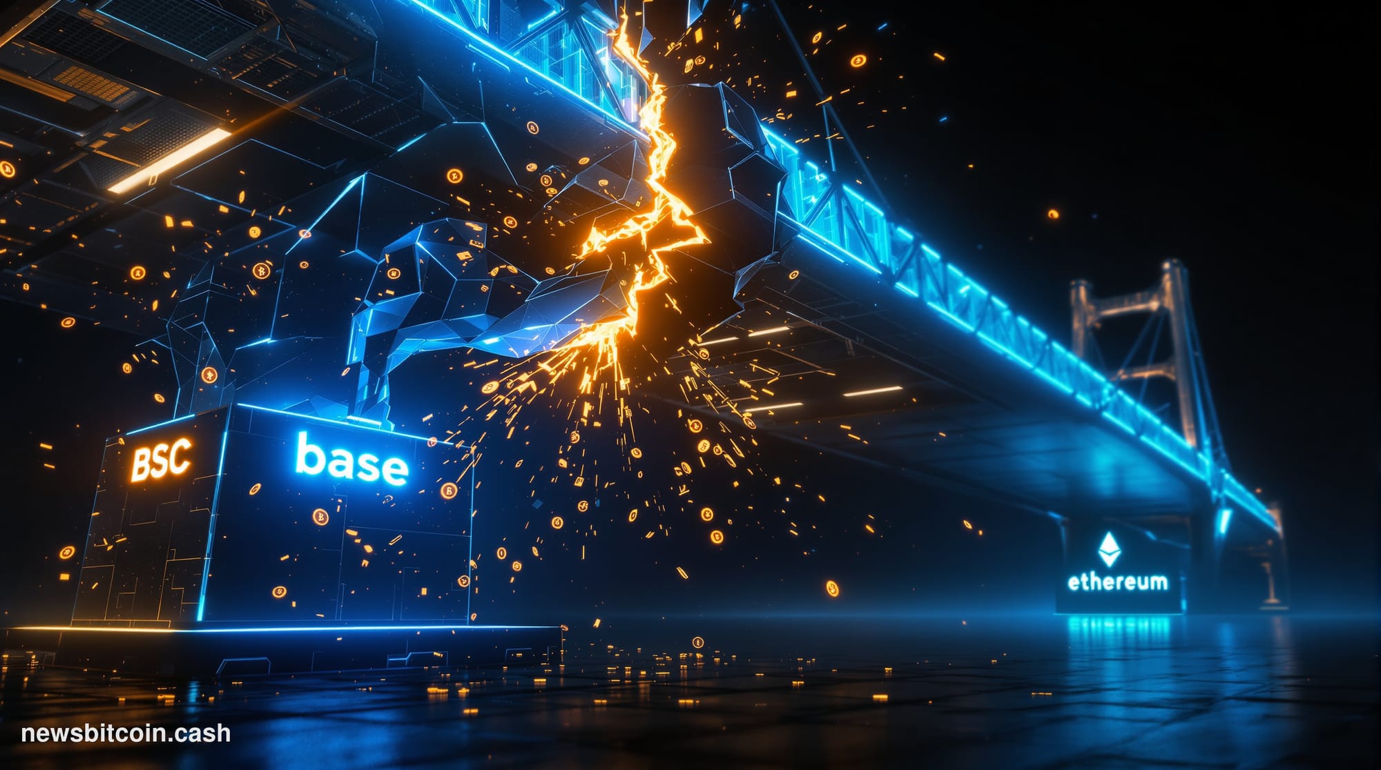 A cinematic photorealistic editorial photograph taken at a low angle looking up at a massive glowing digital bridge structure