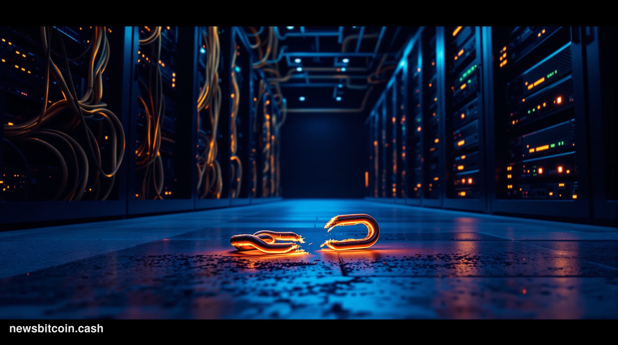 Cinematic photorealistic editorial photograph shot from a low angle looking up at a dark server infrastructure corridor, with