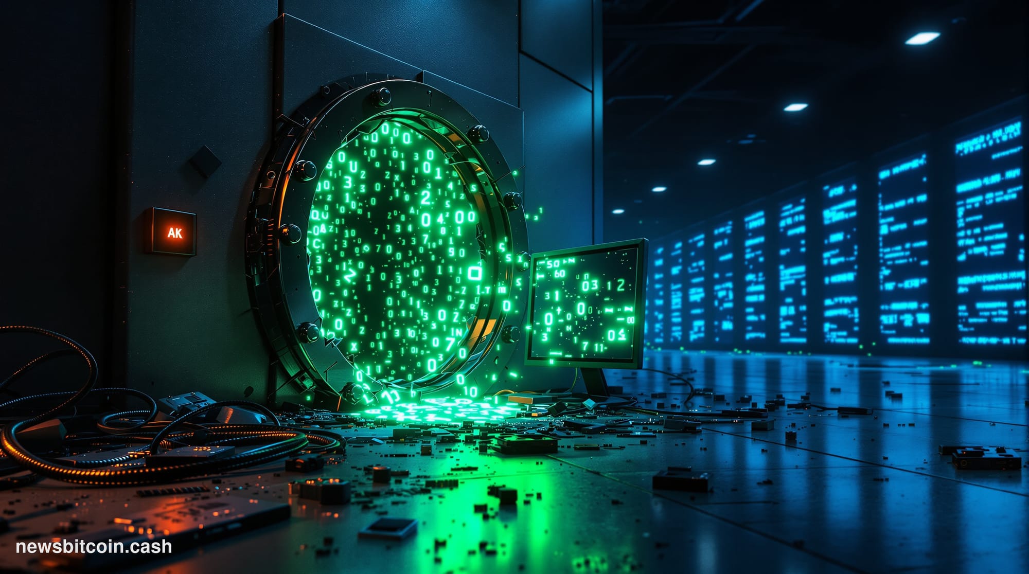 Cinematic photorealistic editorial photograph of a shattered digital vault door rendered as a physical steel structure in a d