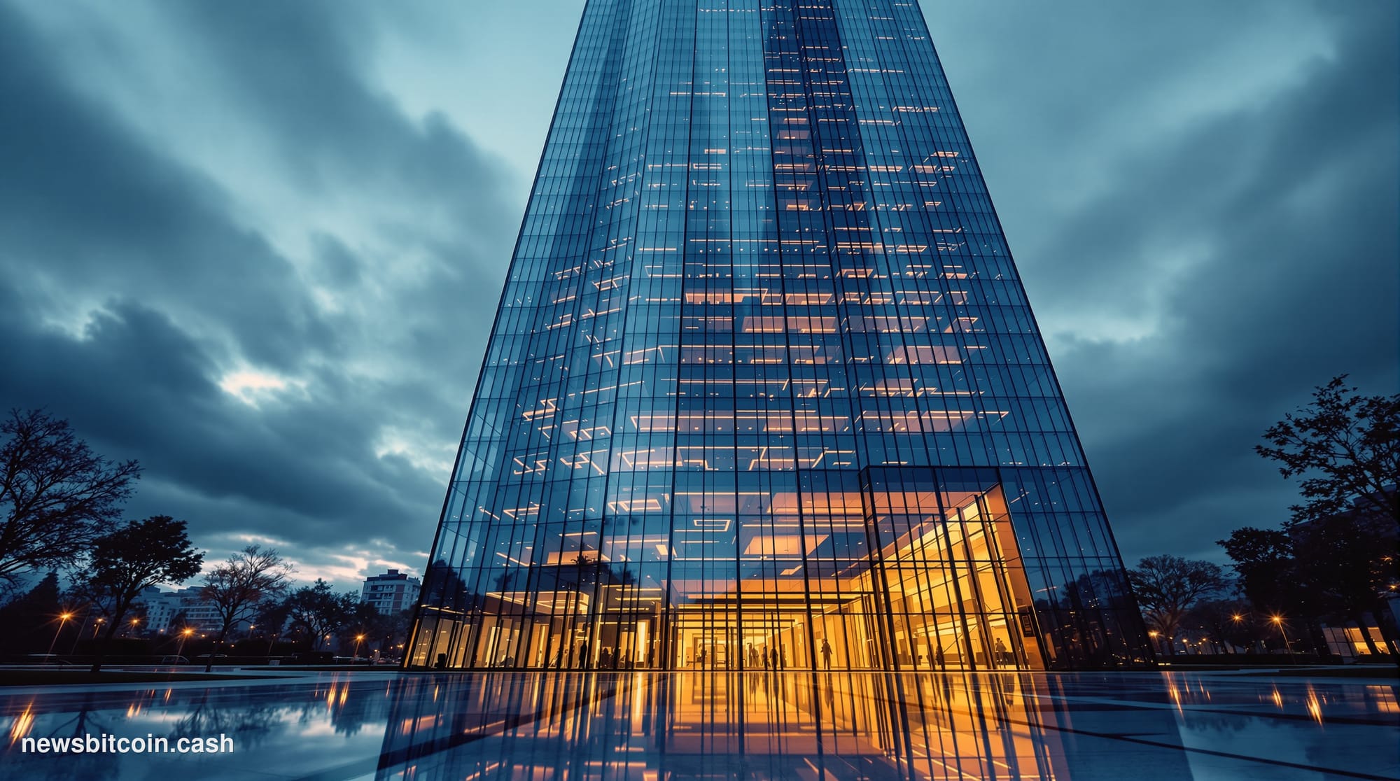 Cinematic photorealistic editorial photograph of the Banco Santander headquarters in Madrid, Spain — a towering glass and ste