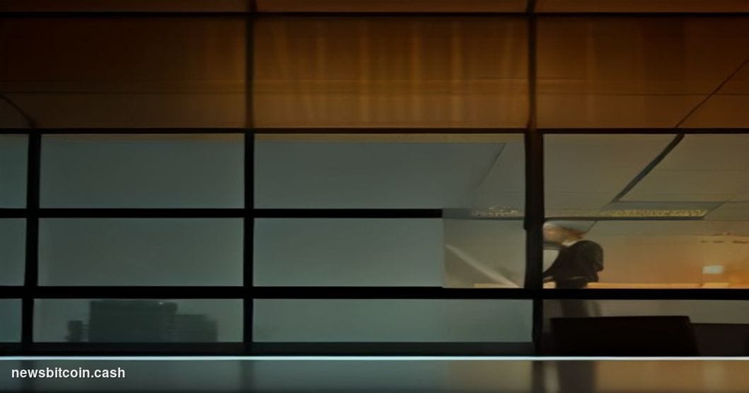 Cinematic photorealistic editorial photograph of Michael Saylor's silhouette — a broad-shouldered executive figure in a dark 