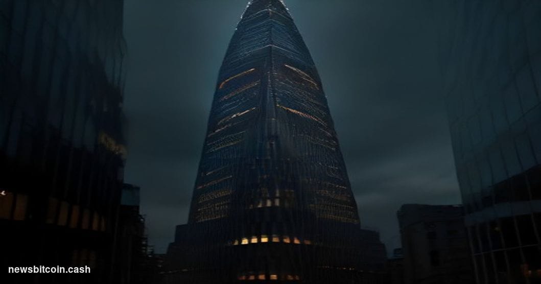Cinematic photorealistic editorial photograph of Sberbank's iconic green-branded Moscow headquarters tower at dusk, shot from