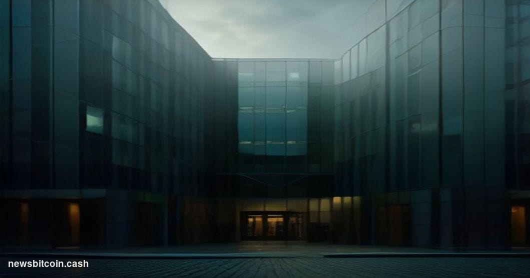 Cinematic photorealistic editorial photograph of Sberbank's iconic green-facade headquarters building in Moscow, shot at dusk