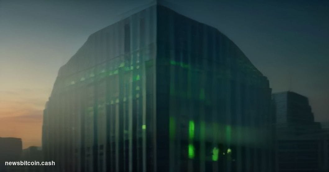 Cinematic photorealistic editorial photograph of Sberbank's iconic green-branded Moscow headquarters building at dusk, shot f
