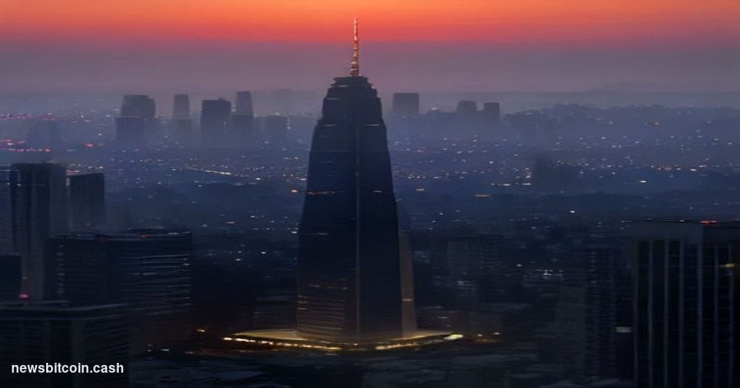 Cinematic photorealistic editorial photograph of the Jakarta skyline at dusk, with the iconic National Monument (Monas) visib