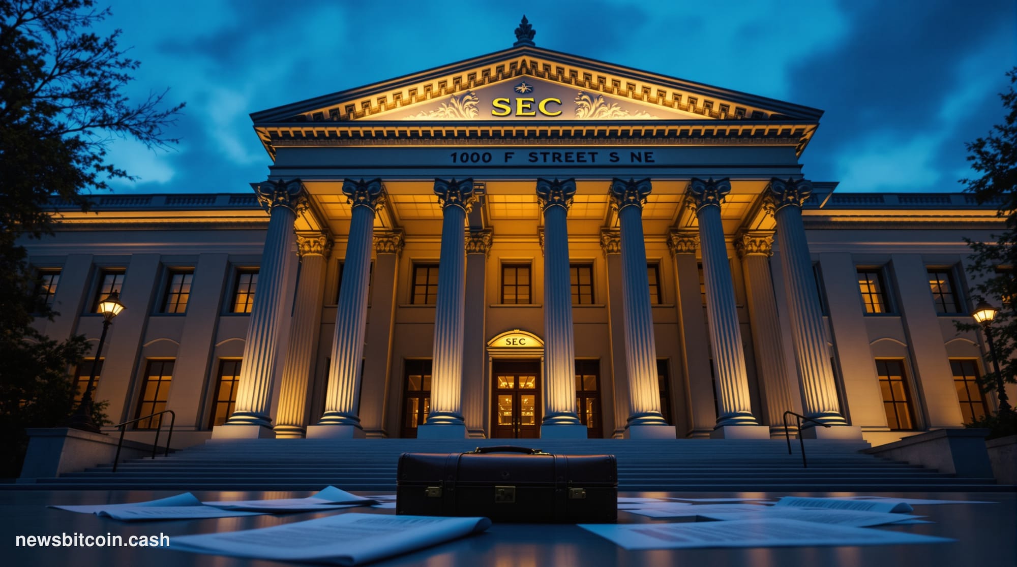 A cinematic photorealistic editorial photograph of the SEC headquarters building in Washington D.C. — the neoclassical facade