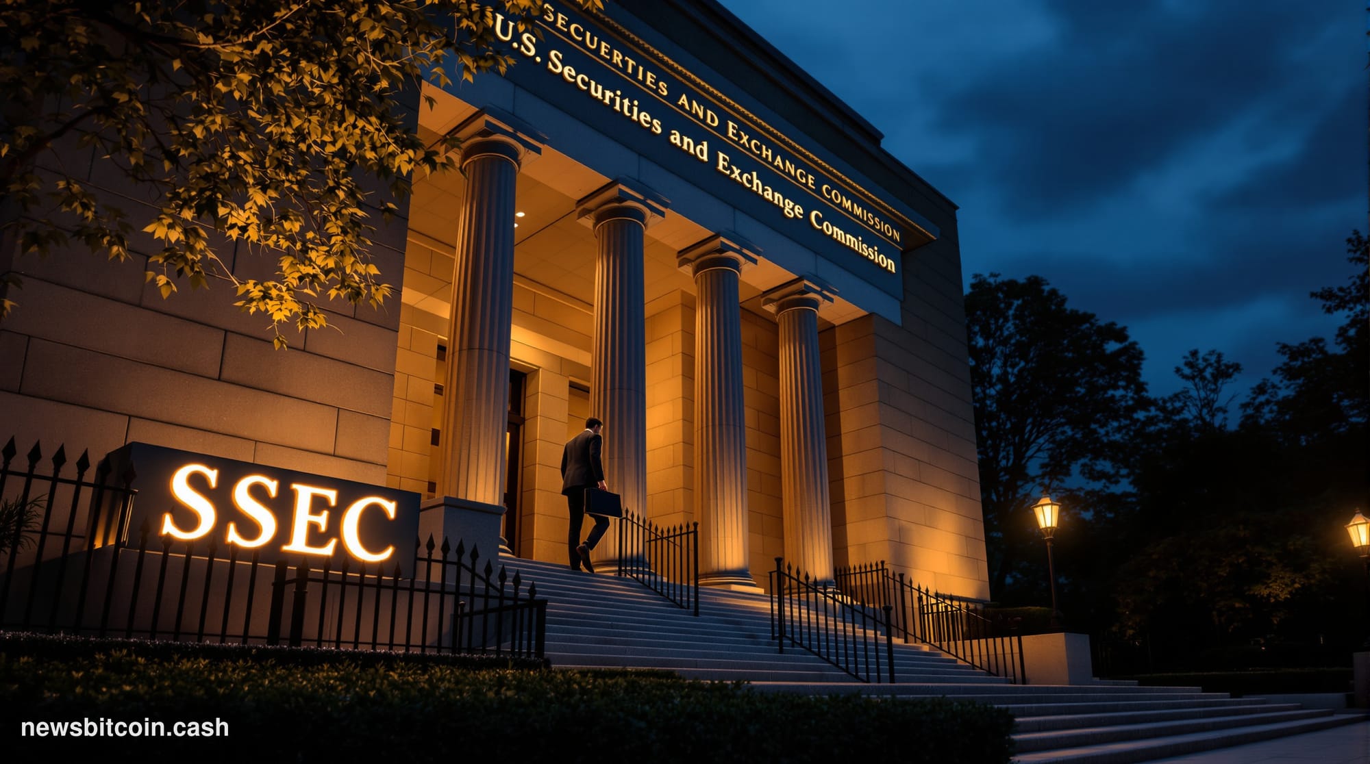 A cinematic photorealistic editorial photograph of the U.S. Securities and Exchange Commission headquarters in Washington D.C