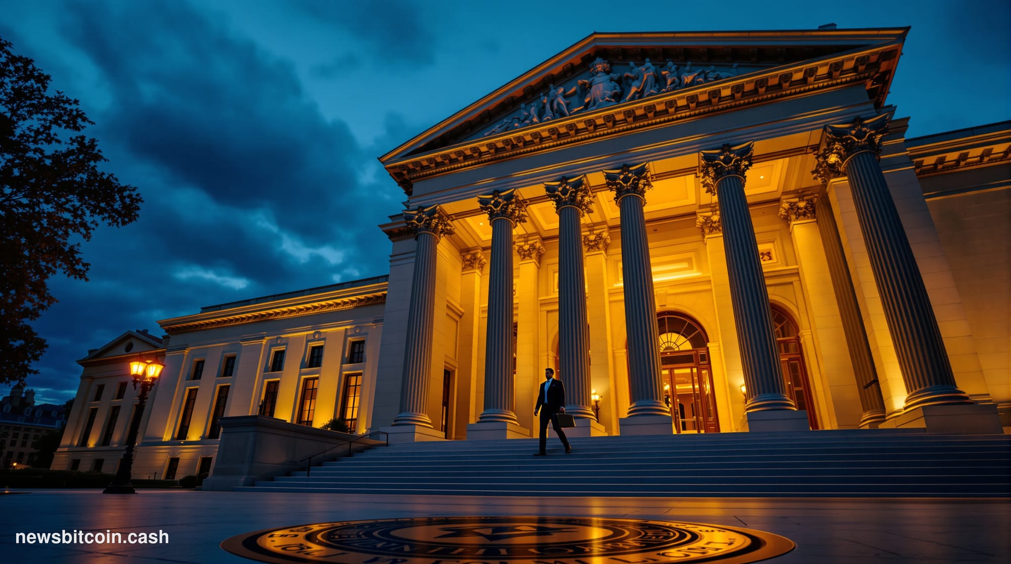 Cinematic photorealistic editorial photograph of the SEC headquarters building in Washington D.C. — the distinctive neoclassi