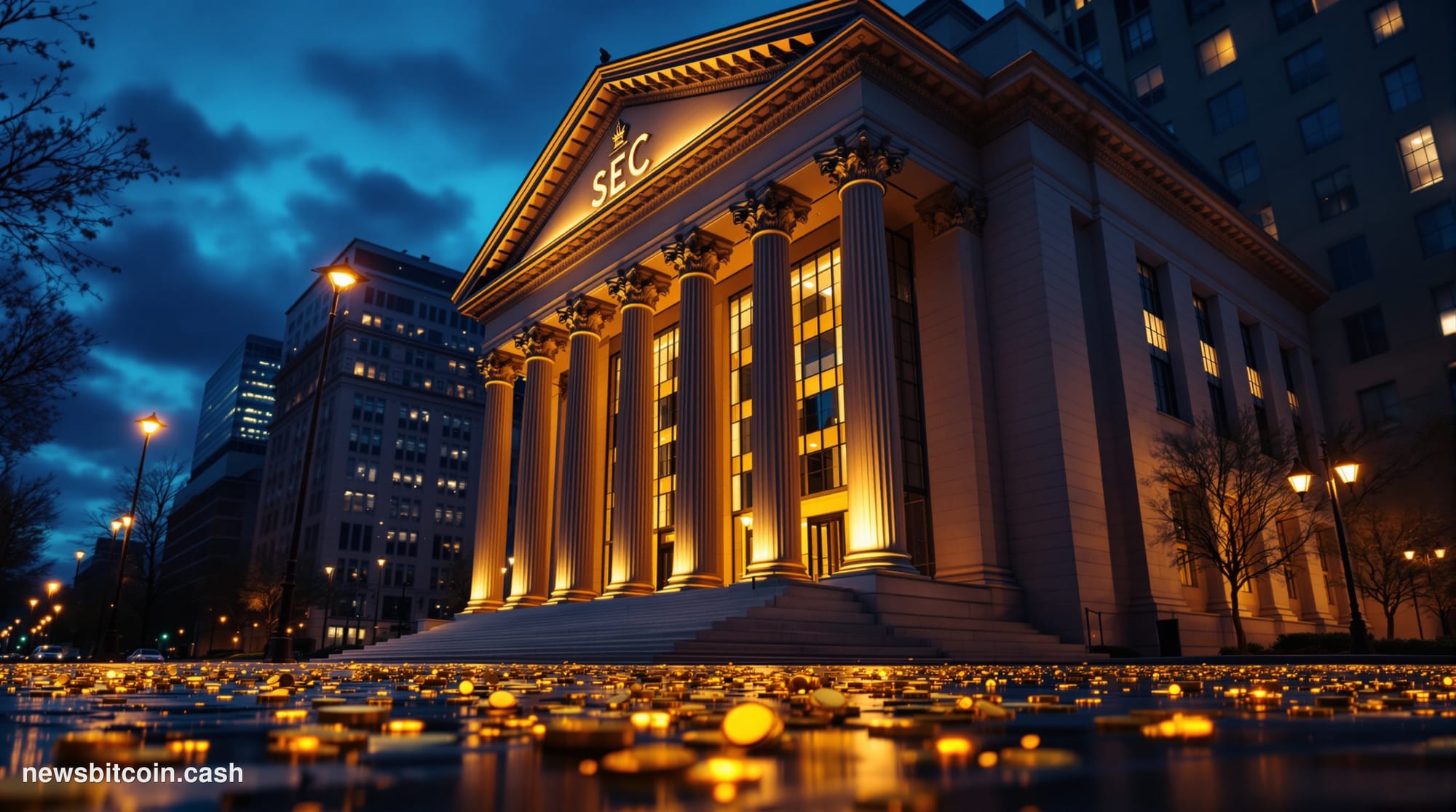 Cinematic photorealistic editorial photograph of the SEC headquarters building in Washington D.C. — the distinctive neoclassi