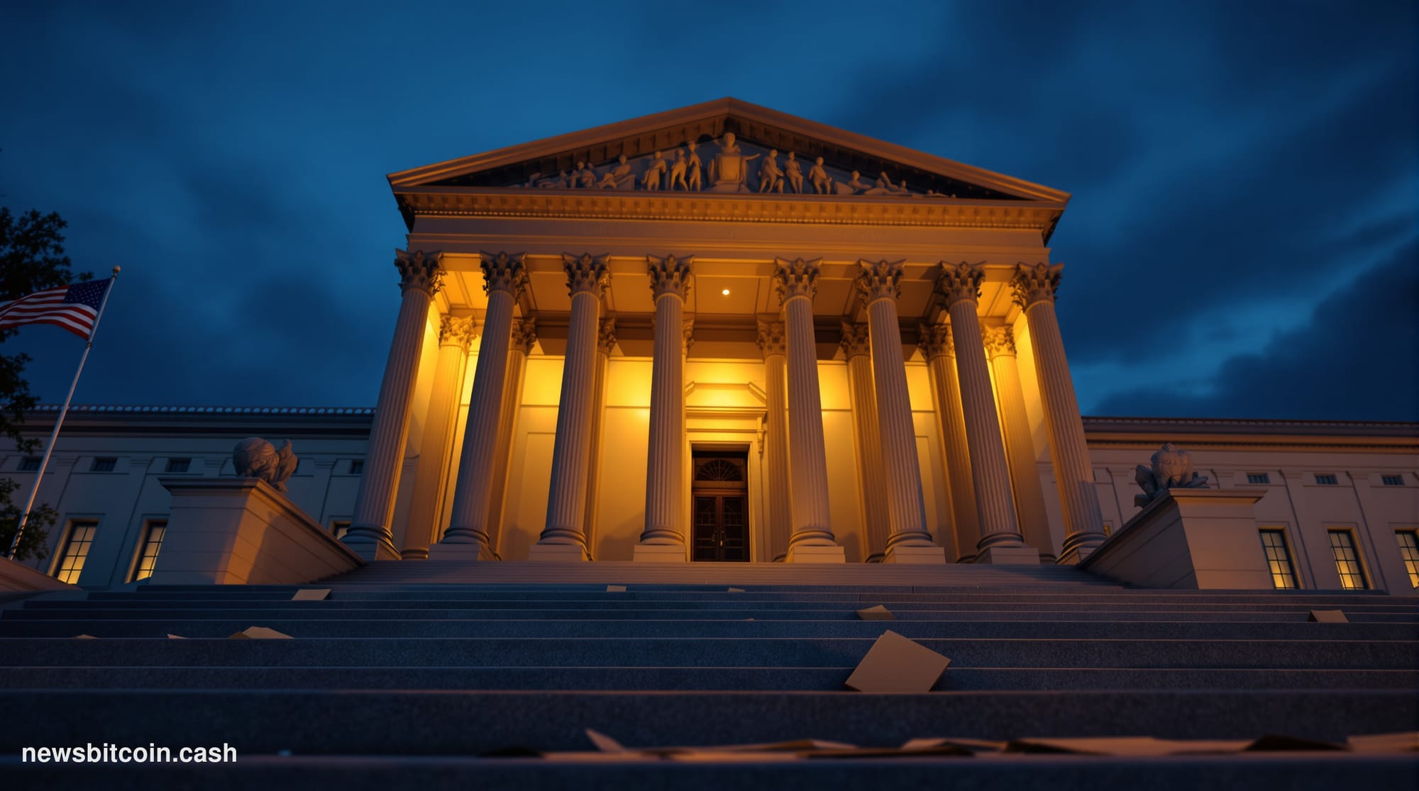 A cinematic photorealistic editorial photograph of the SEC headquarters building in Washington D.C., shot from a low angle at
