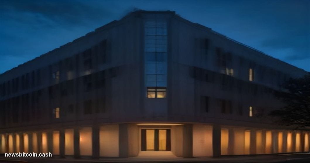 A cinematic photorealistic editorial photograph of the SEC headquarters building in Washington D.C. — the distinctive brutali