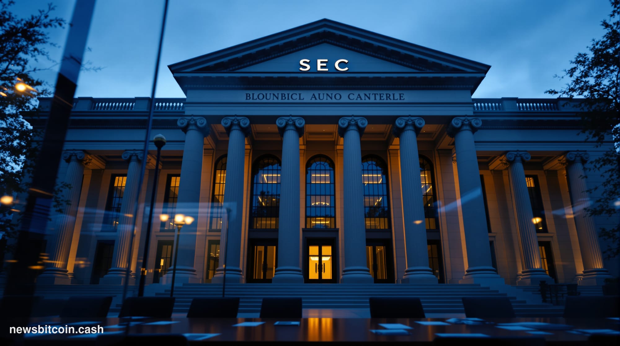 A cinematic photorealistic editorial photograph of the SEC headquarters building in Washington D.C. — the neoclassical facade