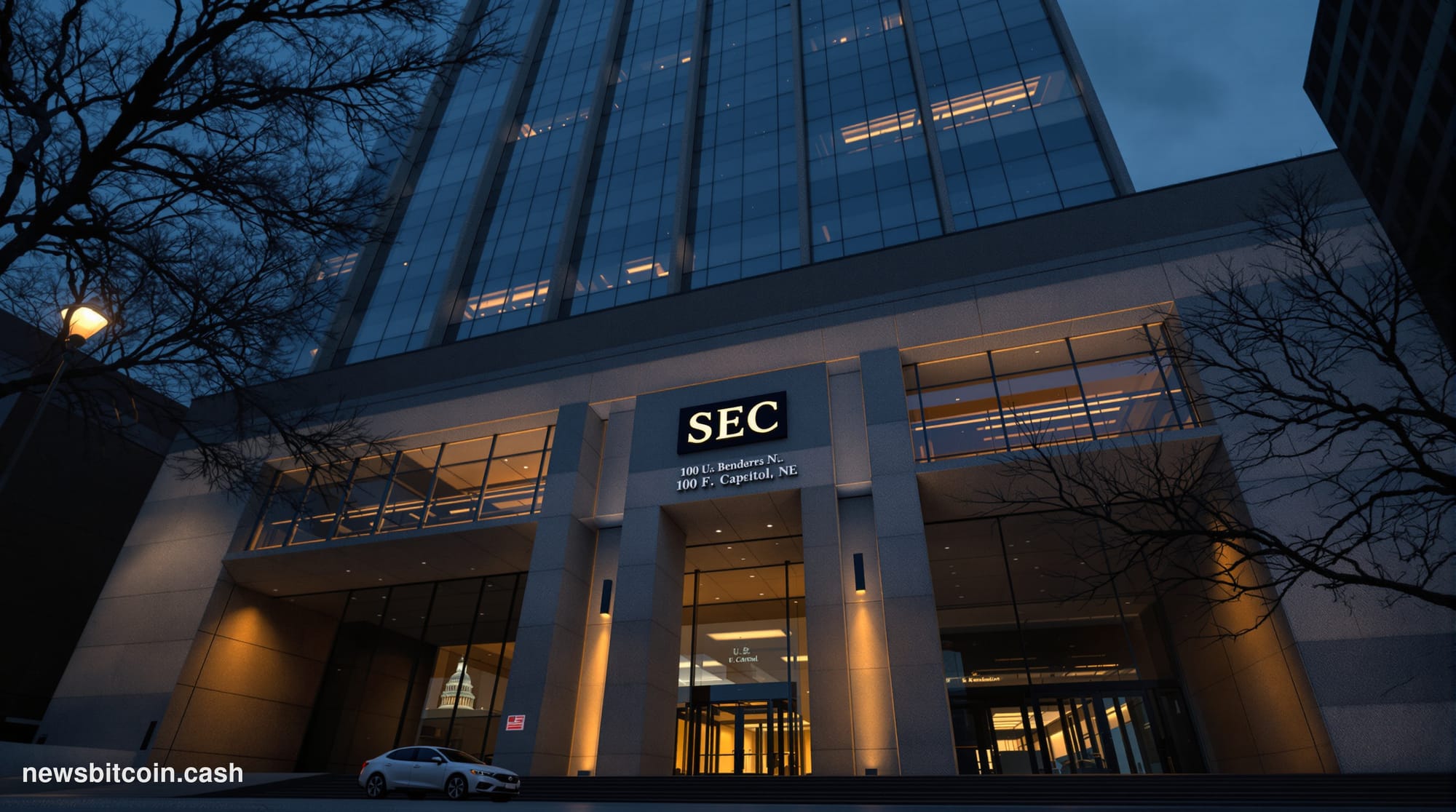A cinematic photorealistic editorial photograph of the SEC headquarters building in Washington D.C. — the brutalist concrete 